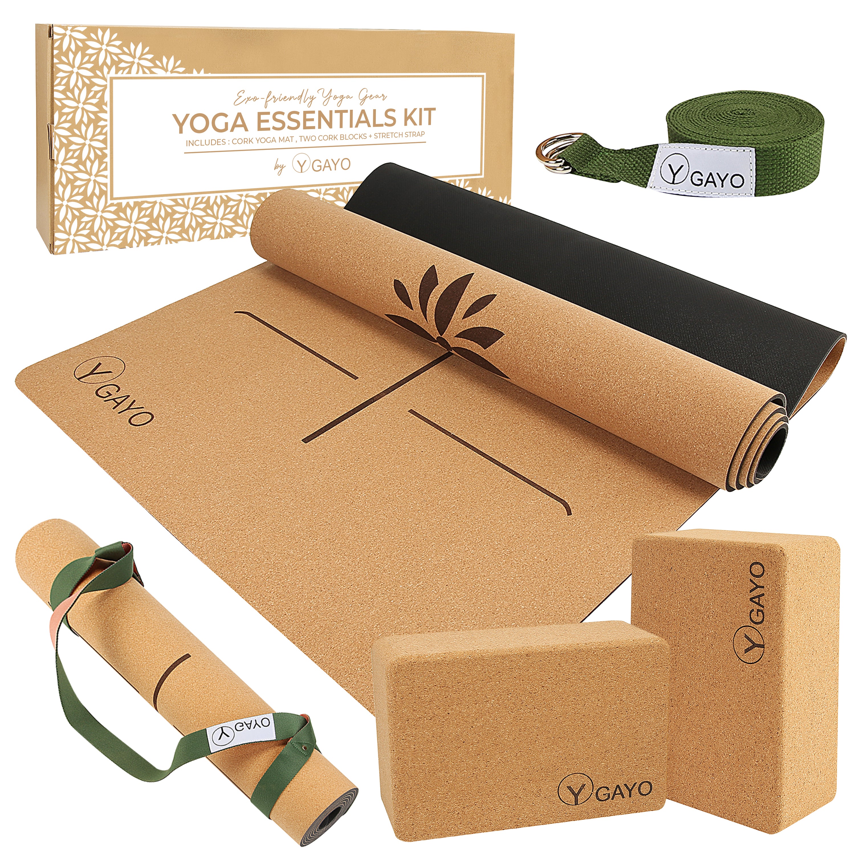 Yoga Essentials incl Cork Mat, Blocks, Eye Pillow, Strap